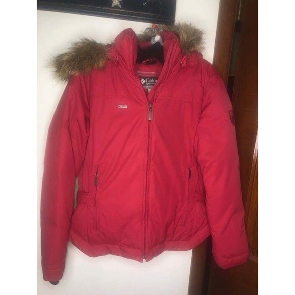 Columbia Wms Beautiful Down Parka, Ski  MD Red Hooded Jacket Faux Fur Hood